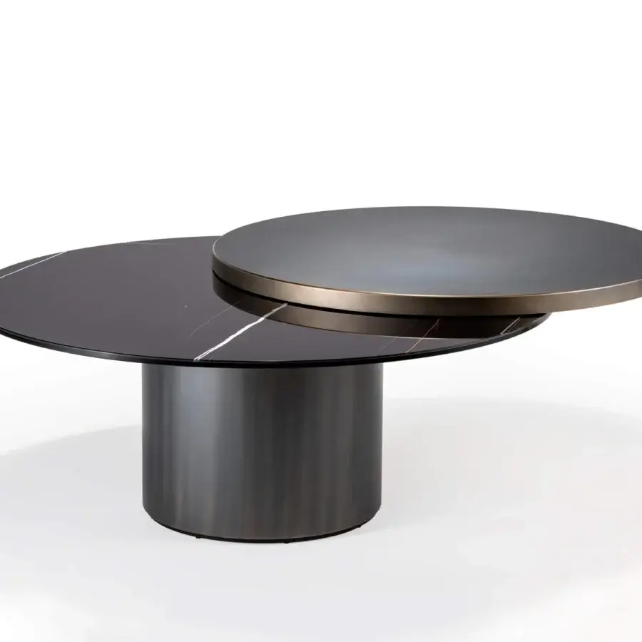 Exceptional Reflex Tau Steel Move coffee table with overlapping Marble Glass and dark-toned metal surfaces built upon a cylinder base