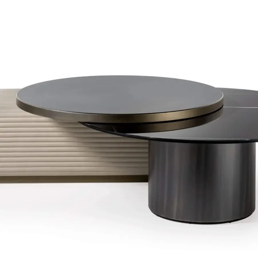 Superior Reflex Tau Steel Move coffee table with Marble Glass lower surface and matte grey Wood Glass top