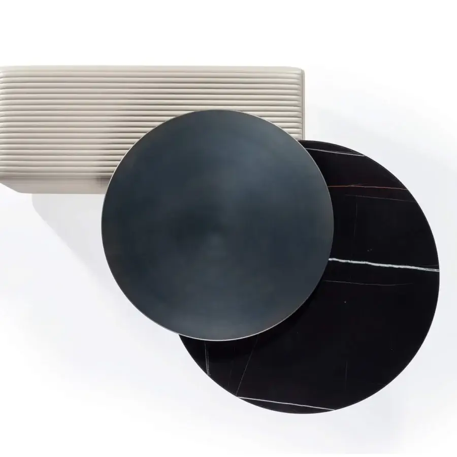 Captivating Reflex Tau Steel Move coffee table with overlapping Marble Glass and horizontally ribbed taupe base
