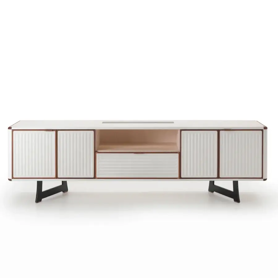 Elegant 4 Mariani Moore sideboard with matte white cabinet, warm wood edges and ribbed detailing throughout