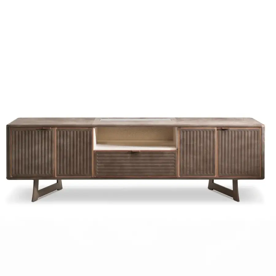 Distinguished 4 Mariani Moore sideboard with ribbed leather cabinet and solid wood elements in a medium brown tone with metal trim