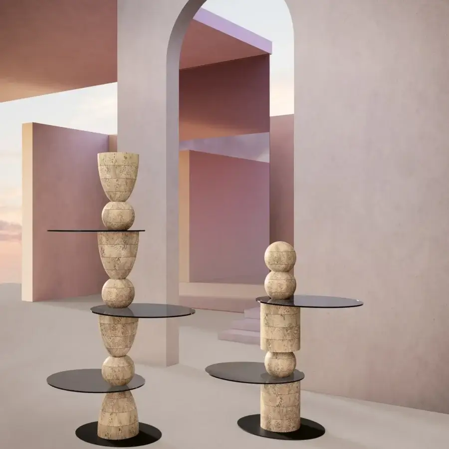 Distinguished Bizzotto Italia Pluff Totem side table in stacked natural briarwood with a circular glass surface and black platform