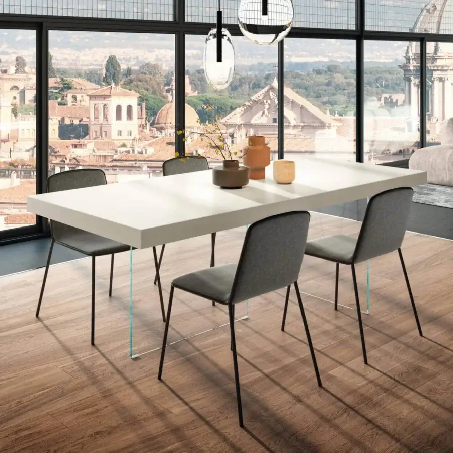 Superior Lago Air table in white laminate and lacquered finish with transparent tempered-glass supports and dark metal legs