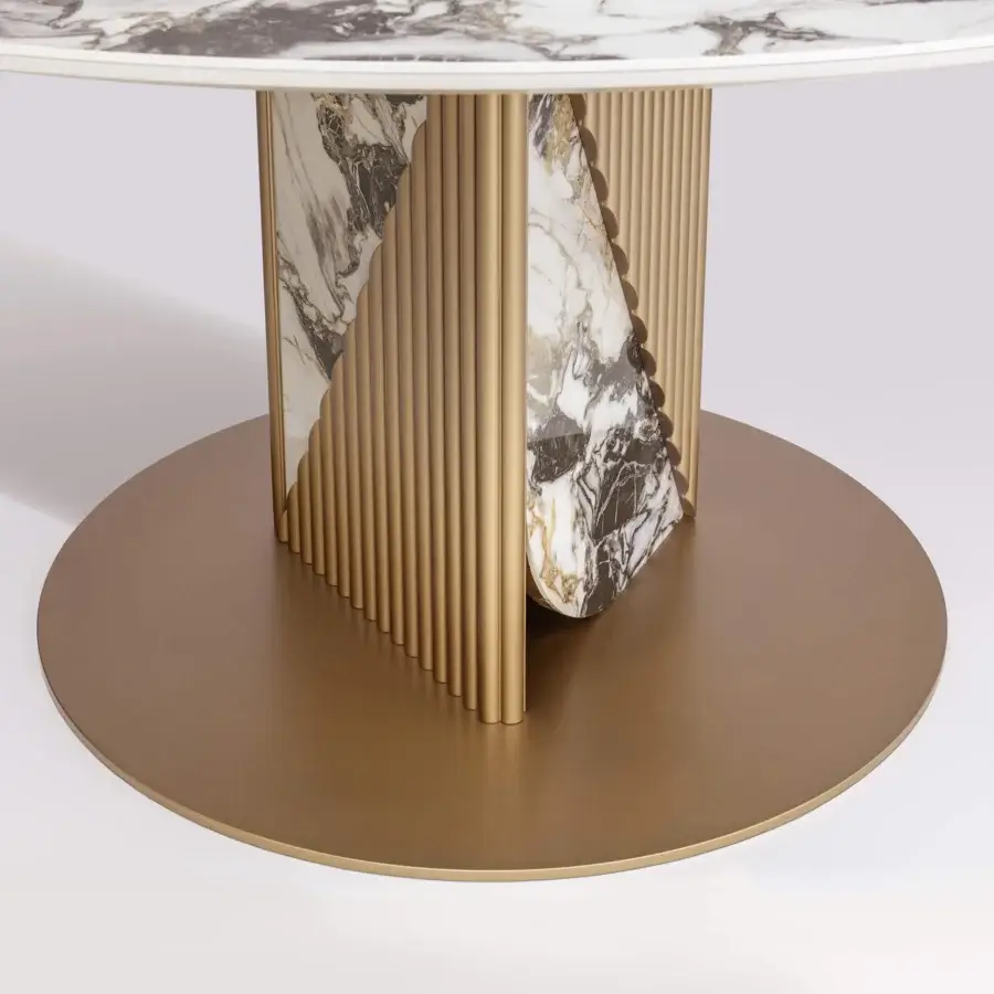 Exceptional Bizzotto Italia Pirouette table crafted in swirling white, grey, and black marble with gold-toned tubular profiles