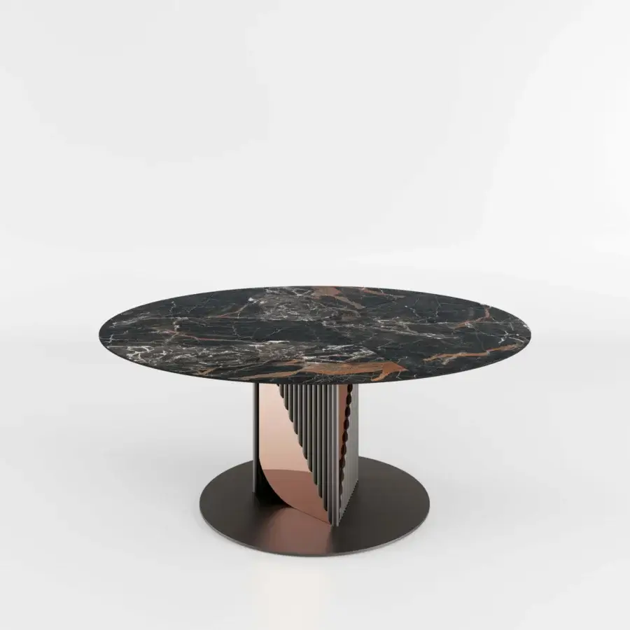 Distinguished Bizzotto Italia Pirouette table with bronze tubular profiles atop a dark marble-like tabletop in shades of black, gray, and bronze