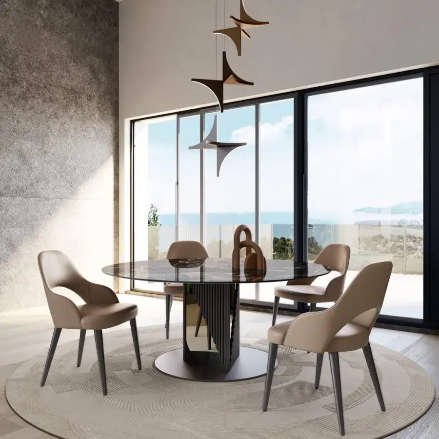 Exceptional Bizzotto Italia Pirouette table with black-marbled glass top and faceted tubular profiles built upon a dark metal disc
