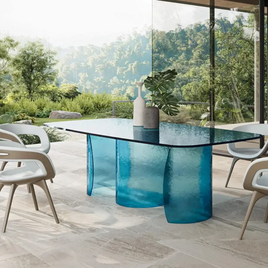 Exceptional Reflex Petalo Acqua table with rectangular Acqua glass top and three translucent blue textured glass supports