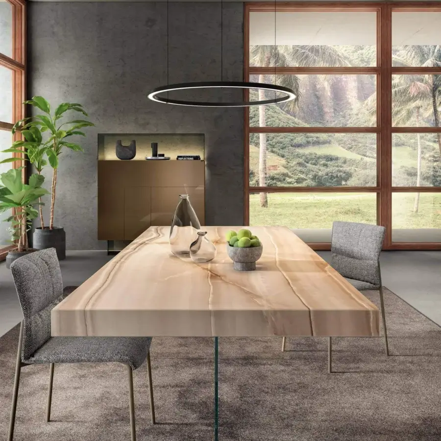 Distinctive Lago Air table with substantial XGlass tabletop and invisible tempered-glass leg in light beige and cream tones with glossy finish