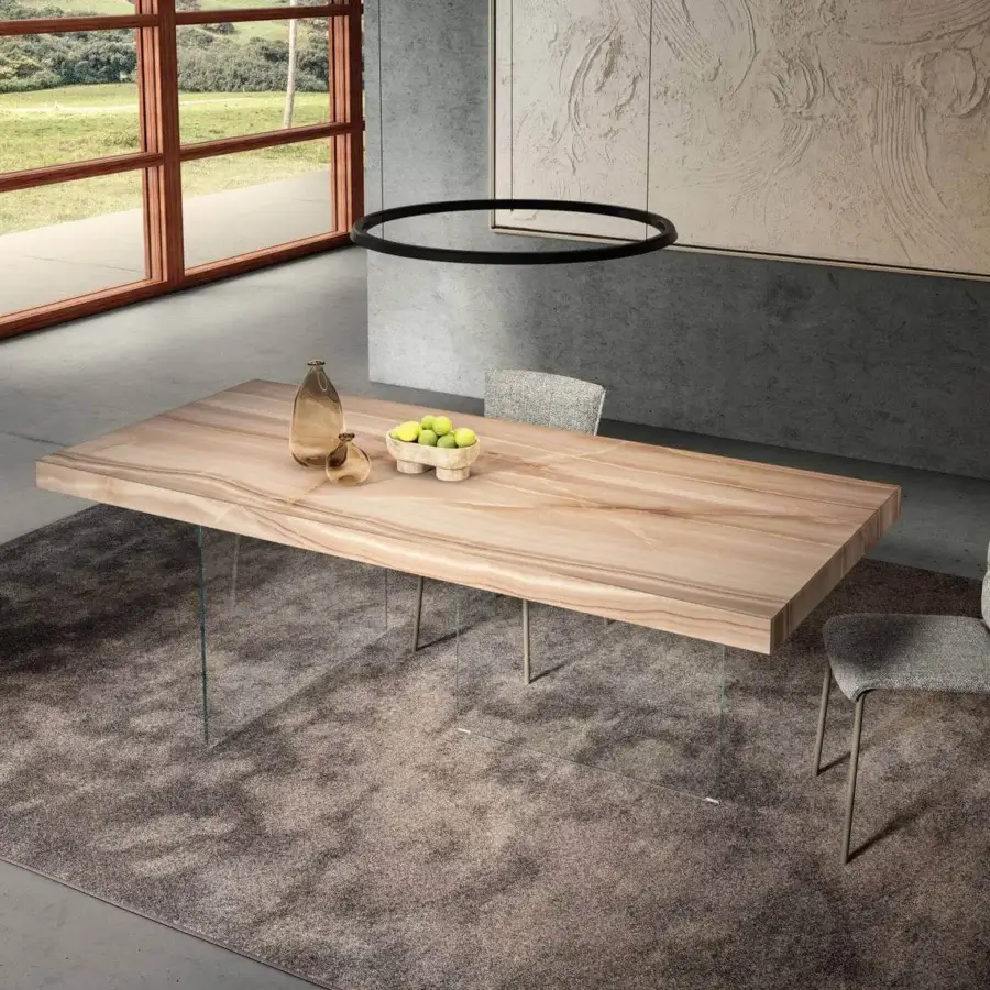 Superior Lago Air table with wood-like XGlass top and transparent tempered-glass legs in matte finish