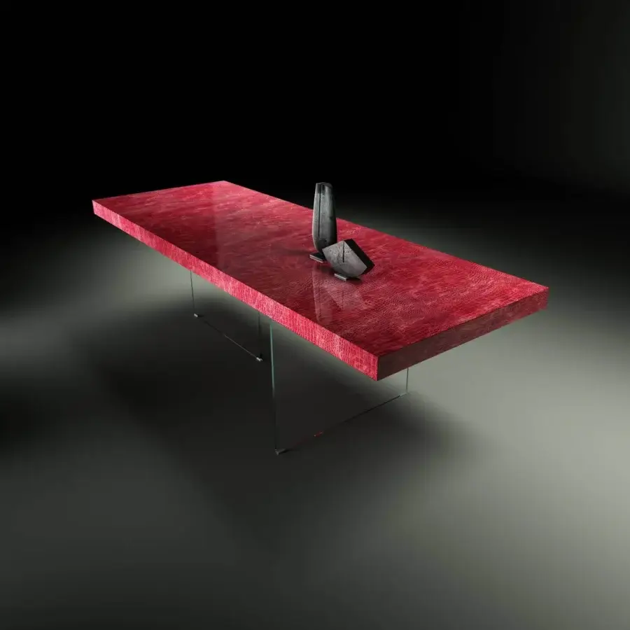 Distinguished Lago Air table with glossy, red-toned reptile pattern XGlass tabletop and clear tempered-glass supports crafted in Italy