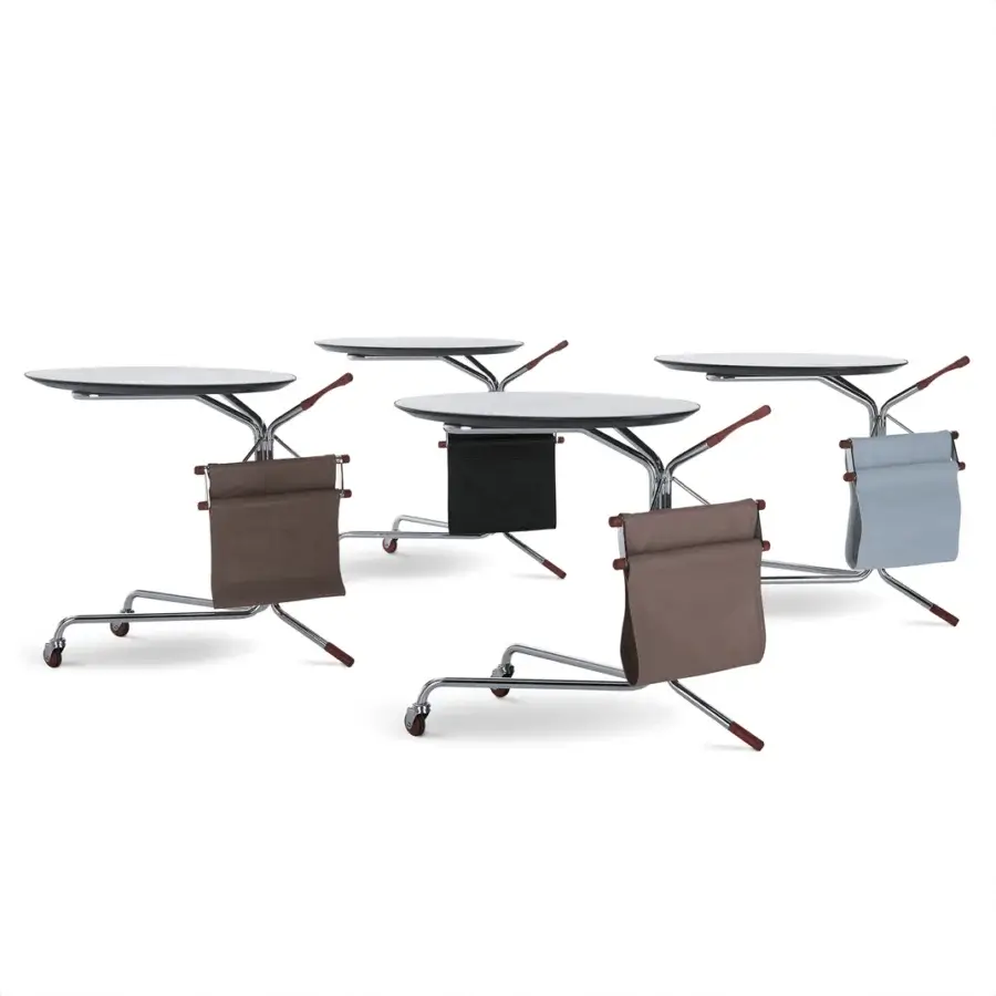 Distinguished 4 Mariani Single side table with saddle leather top, bubinga wood details, and light blue leather storage pocket