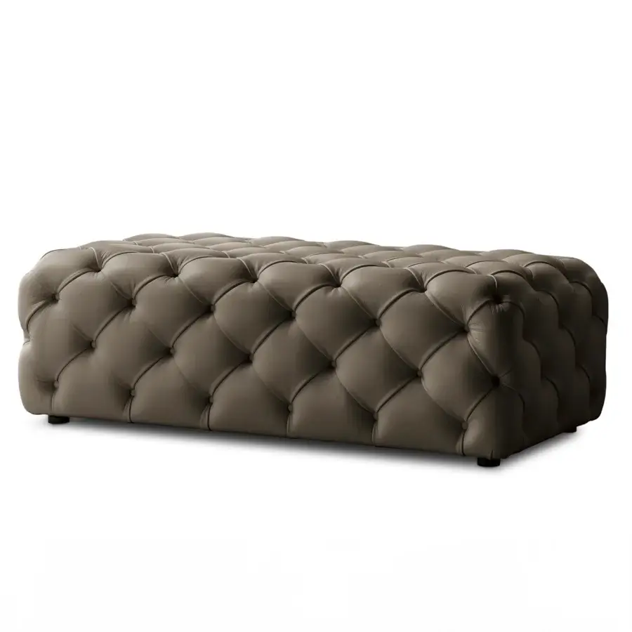 Distinguished 4 Mariani Tudor bench & ottoman in grayish-brown textile with a matte finish, showcasing tufted design and rounded edges
