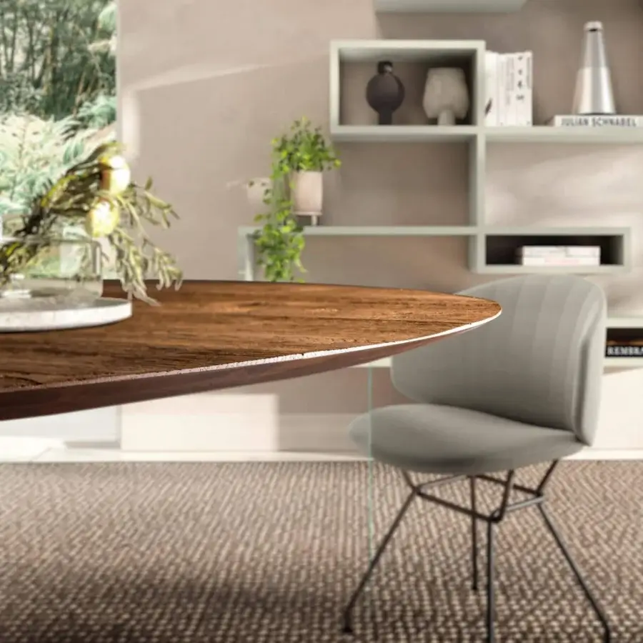 Exceptional Lago Air Slim round table with dark brown wood grain and sleek dark metal supports in a matte finish