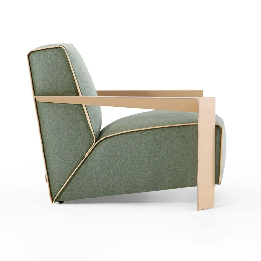 Elegant Swan Italia Chelsea lounge chair with heathered green fabric upholstery and beige coach hide armrests with matte finish