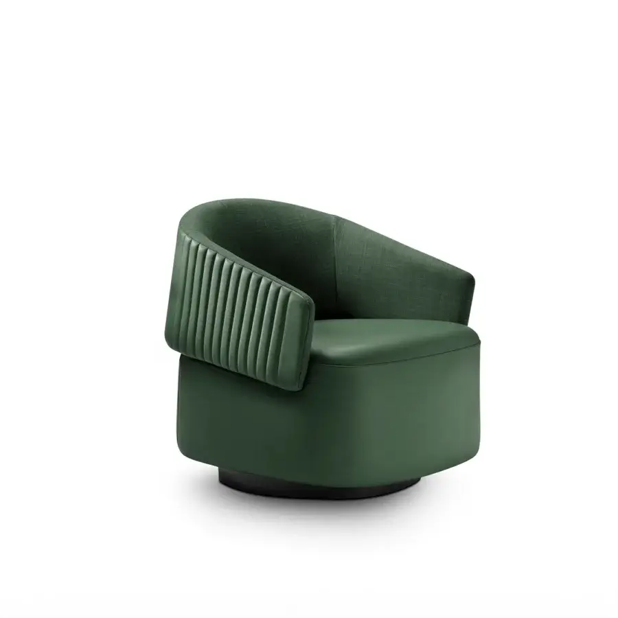 Distinguished 4 Mariani Twibe lounge chair with deep green upholstery and contrasting textured materials offering rounded form with ribbed armrests