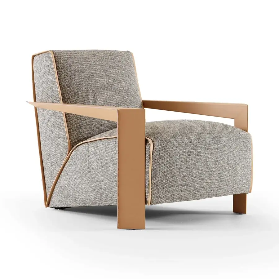 Superior Swan Italia Chelsea lounge chair with woven grey textile and light-brown coach hide-upholstered metal armrests