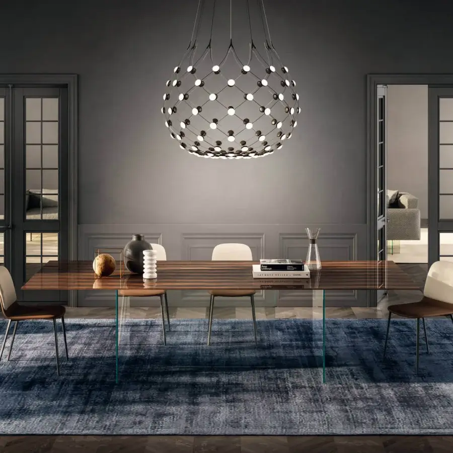 Superior Lago Air Slim table with striped brown wood top and transparent tempered-glass supports with glossy finish