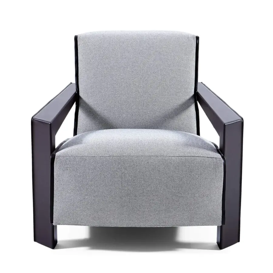 Distinguished Swan Italia Chelsea lounge chair crafted with light grey fabric upholstery and dark brown coach hide armrests