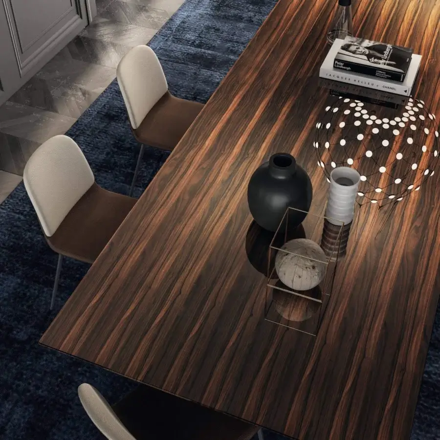 Distinguished Lago Air Slim table with dark brown wood top and slender legs crafted with tempered-glass supports and glossy finish