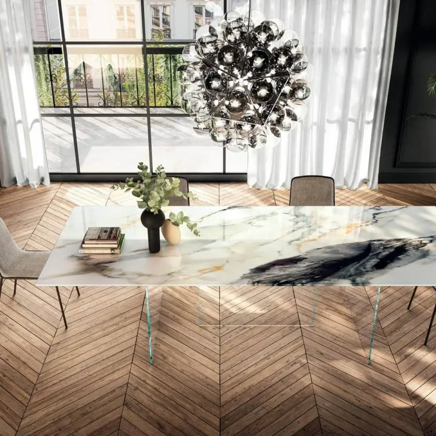 Exceptional Lago Air Slim table with swirling white, gray, black and gold marble-effect top and transparent tempered-glass legs