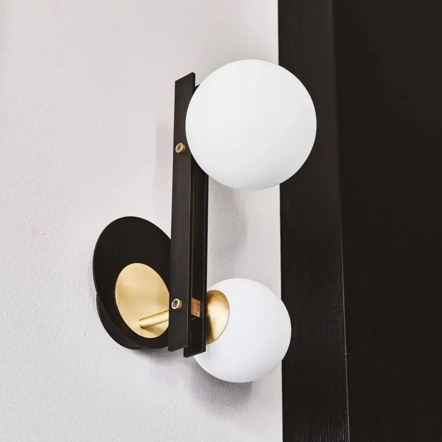 Exceptional Cattelan Italia Planeta wall lamp with satin white blown glass diffusers and burnished steel built with brushed brass accents