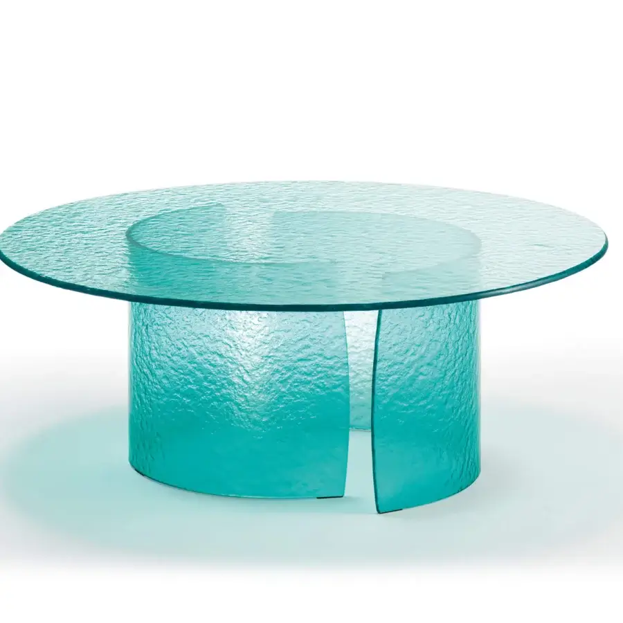 Superior Reflex Petalo Acqua coffee table with rounded Acqua glass and curved base exhibiting a textured finish