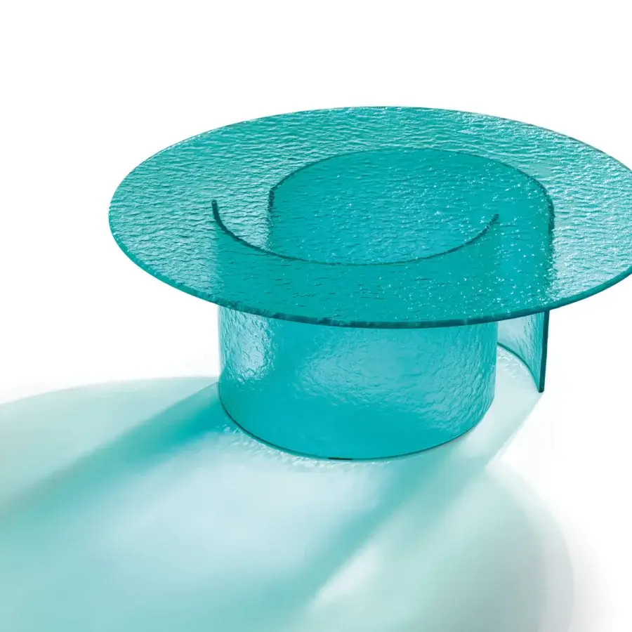 Captivating Reflex Petalo Acqua coffee table with cylindrical form and circular Acqua glass top in a light turquoise hue