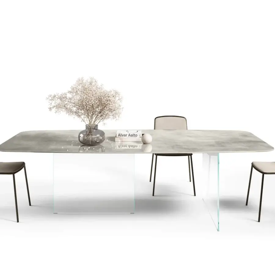 Distinguished Lago Air Slim table with light gray composite tabletop and transparent tempered-glass supports exhibiting a smooth matte finish