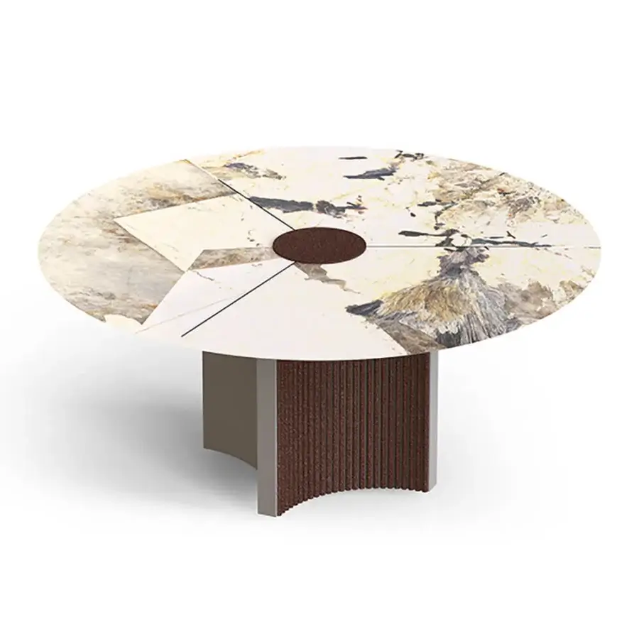 Exceptional Bizzotto Italia Plume table with ash gray and copper details, built with a marble-effect tabletop and vertically-ribbed cylindrical base
