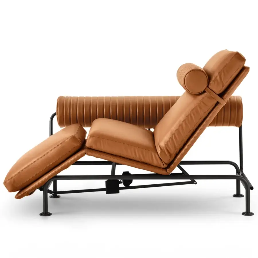 Distinguished 4 Mariani Up & Down chaise lounge crafted in tan leather with noticeable stitching and a minimalist black metal frame