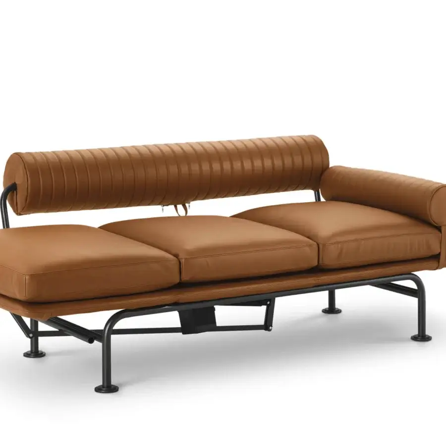 Exclusive 4 Mariani Up & Down chaise lounge built with warm brown matte leather and a bold black metal frame