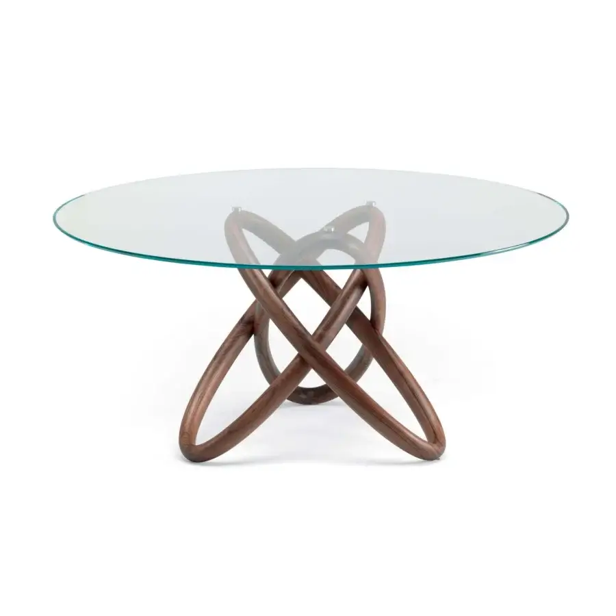 Exceptional Cattelan Italia Carioca table with transparent glass and intertwining sculpted Canaletto walnut base in a rich dark brown finish