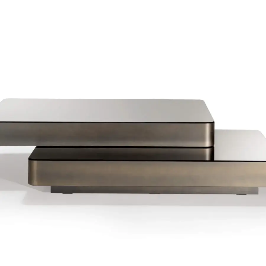 Distinguished Slide coffee table with horizontally-oriented tiers in glossy smoked mirror and metallic bronze lacquered structure