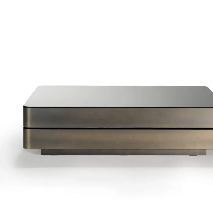 Superior Reflex Slide coffee table with a sliding smoked mirror top and lacquered metallic bronze structure