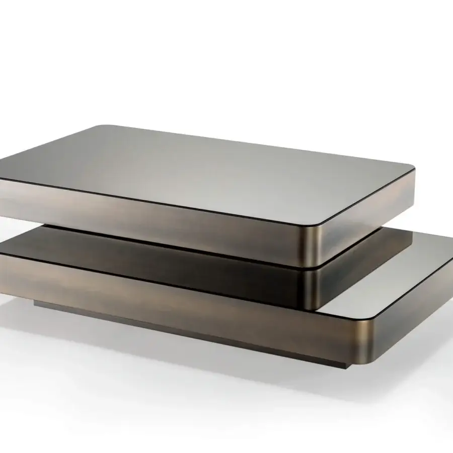 Distinguished Reflex Slide coffee table with wooden elements and smoked mirror tops in a metallic lacquered finish