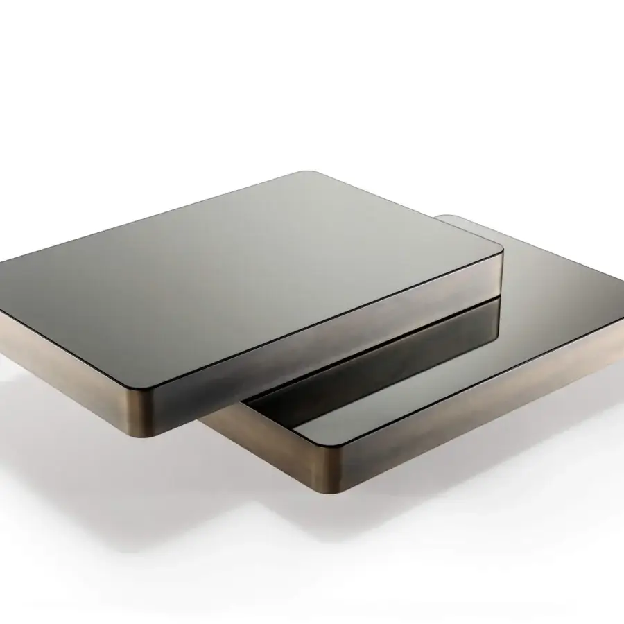 Elegant Reflex Slide coffee table with overlapping smoked mirror glass and metallic bronze lacquered structure