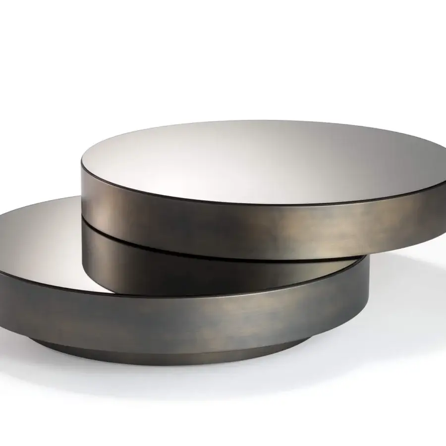 Distinctive Reflex Slide coffee table with smoked mirror tiers and metallic lacquered structure in a muted bronze tone