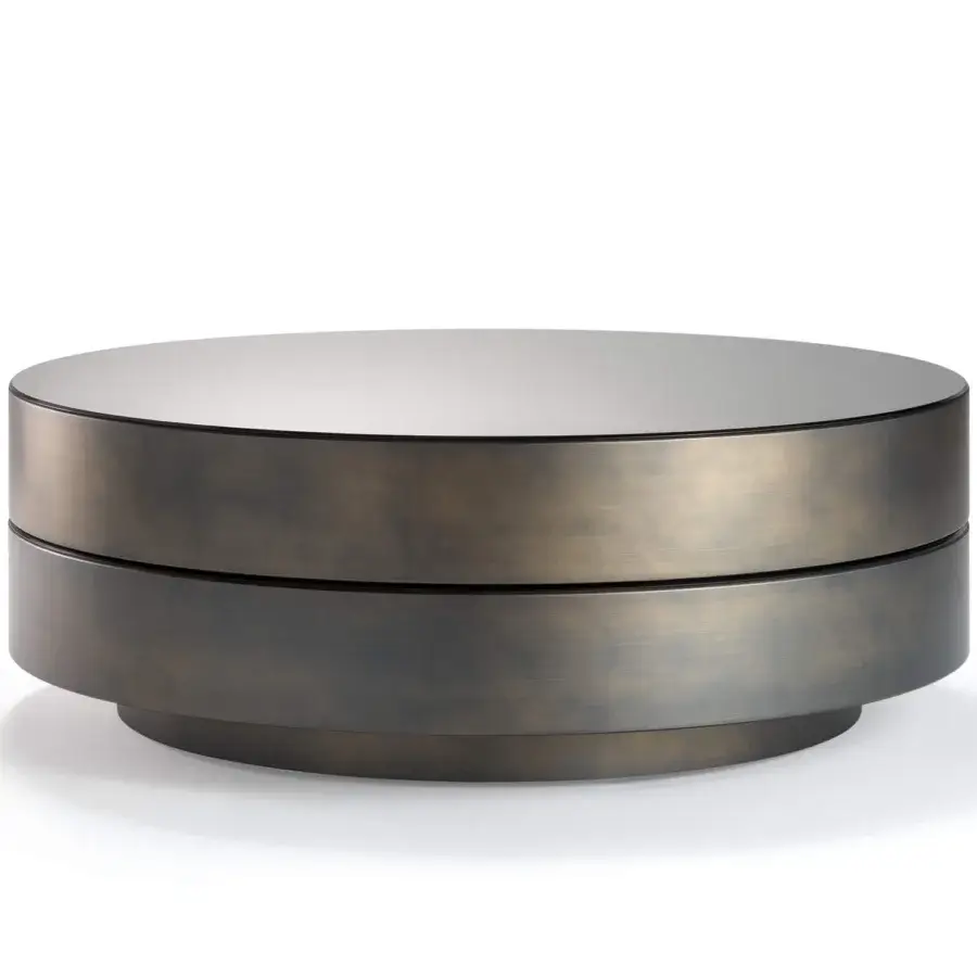Elegant Reflex Slide coffee table with a cylindrical form, smoked mirror top and metallic bronze lacquered structure