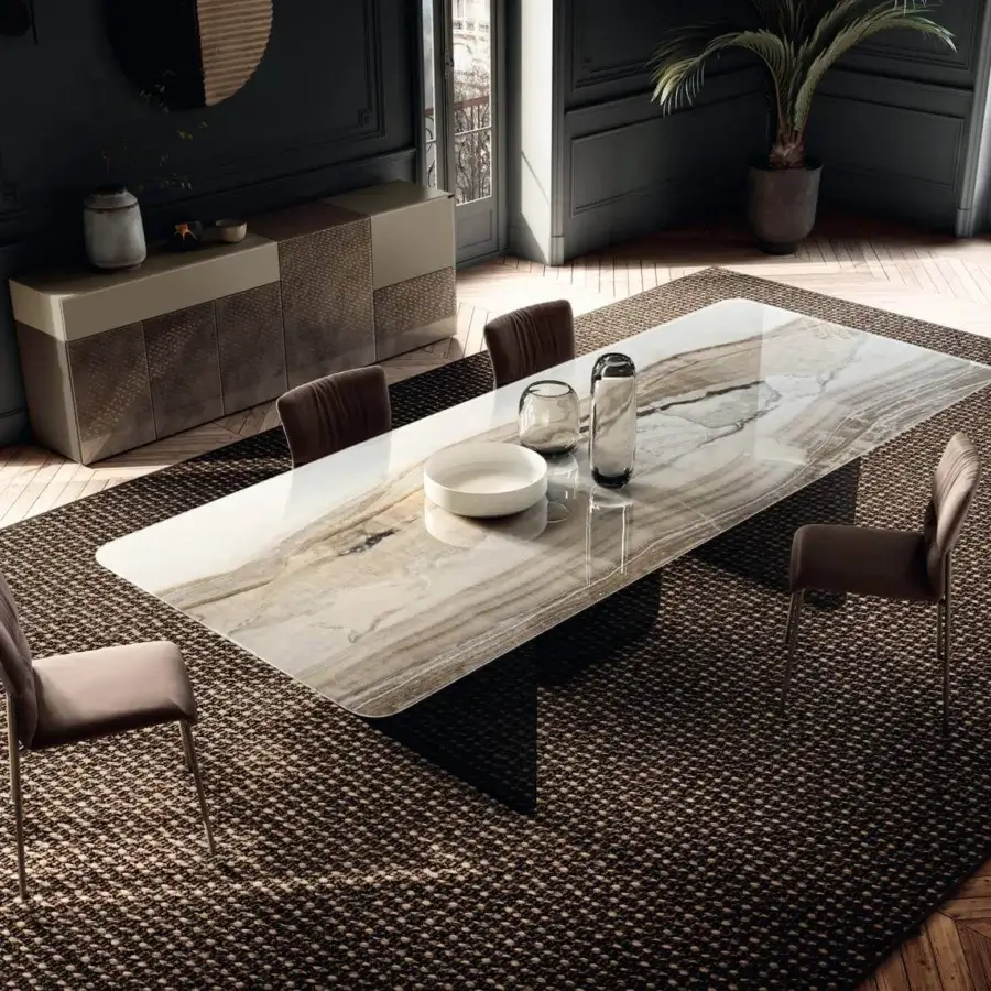 Exceptional Lago Air Soft table with rounded shape, tempered-glass legs and beige, white, gray marble-patterned XGlass top with glossy finish