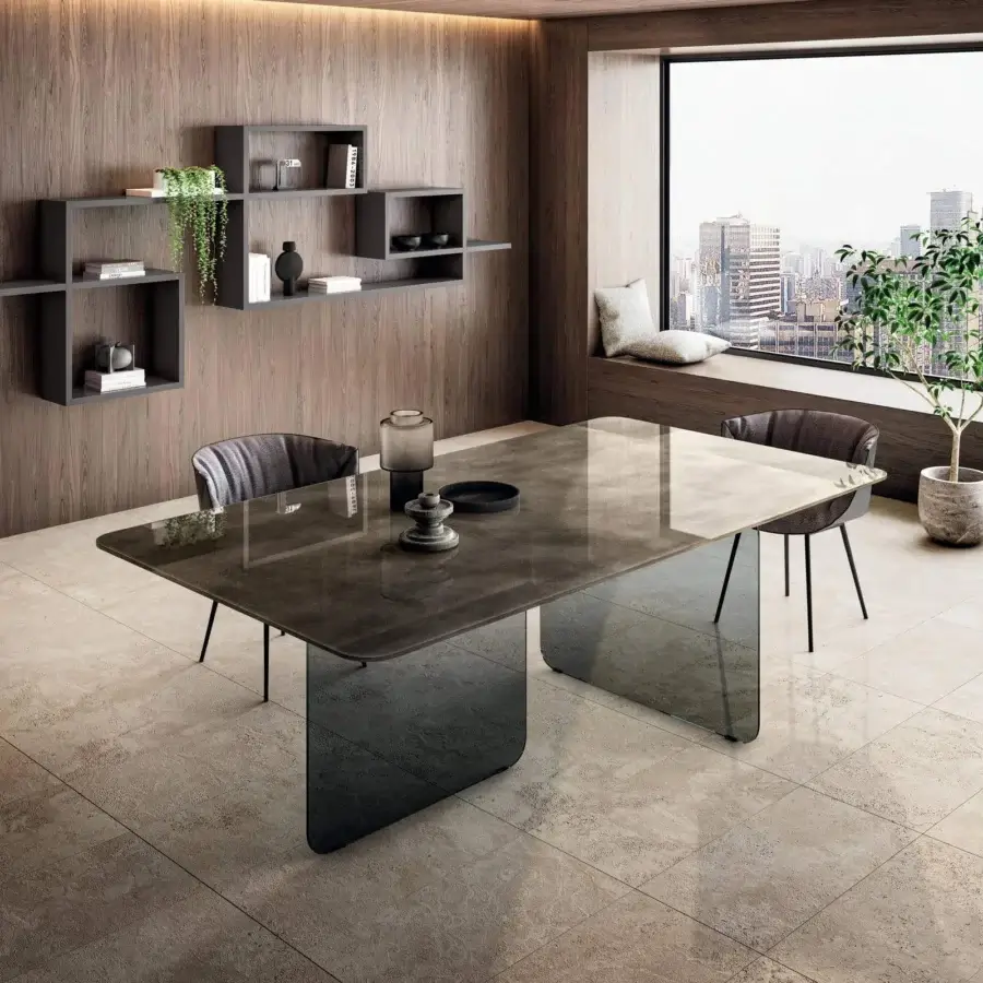 Distinguished Lago Air Soft table with dark grey glossy tabletop and transparent glass legs
