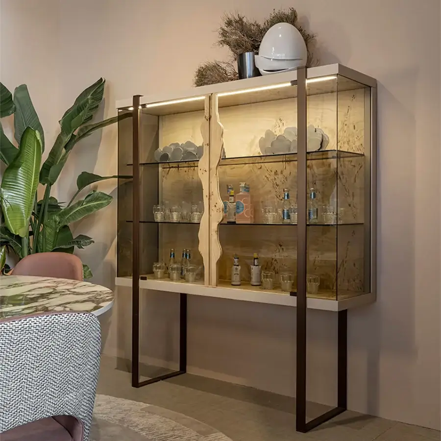 Exquisite Bizzotto Italia Sidney D'or cupboard with glass doors and sinuous light-toned wood detail built within a dark metal frame