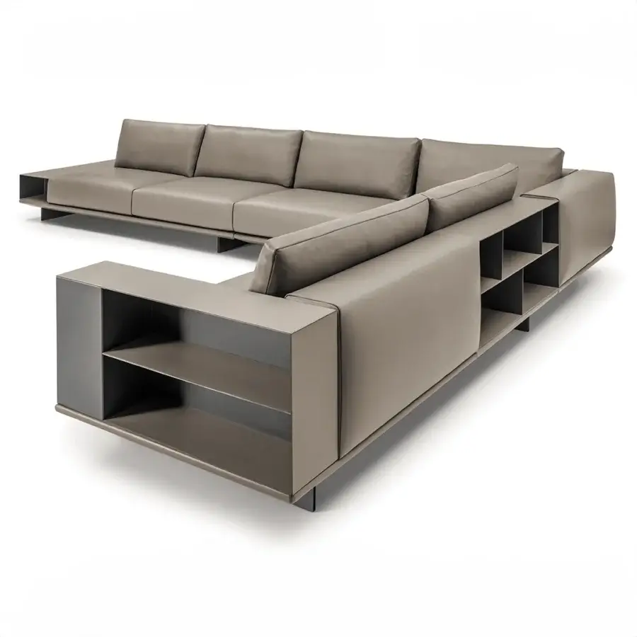 Distinguished 4 Mariani Asso sectional with suspended design in light taupe leather and integrated metal base