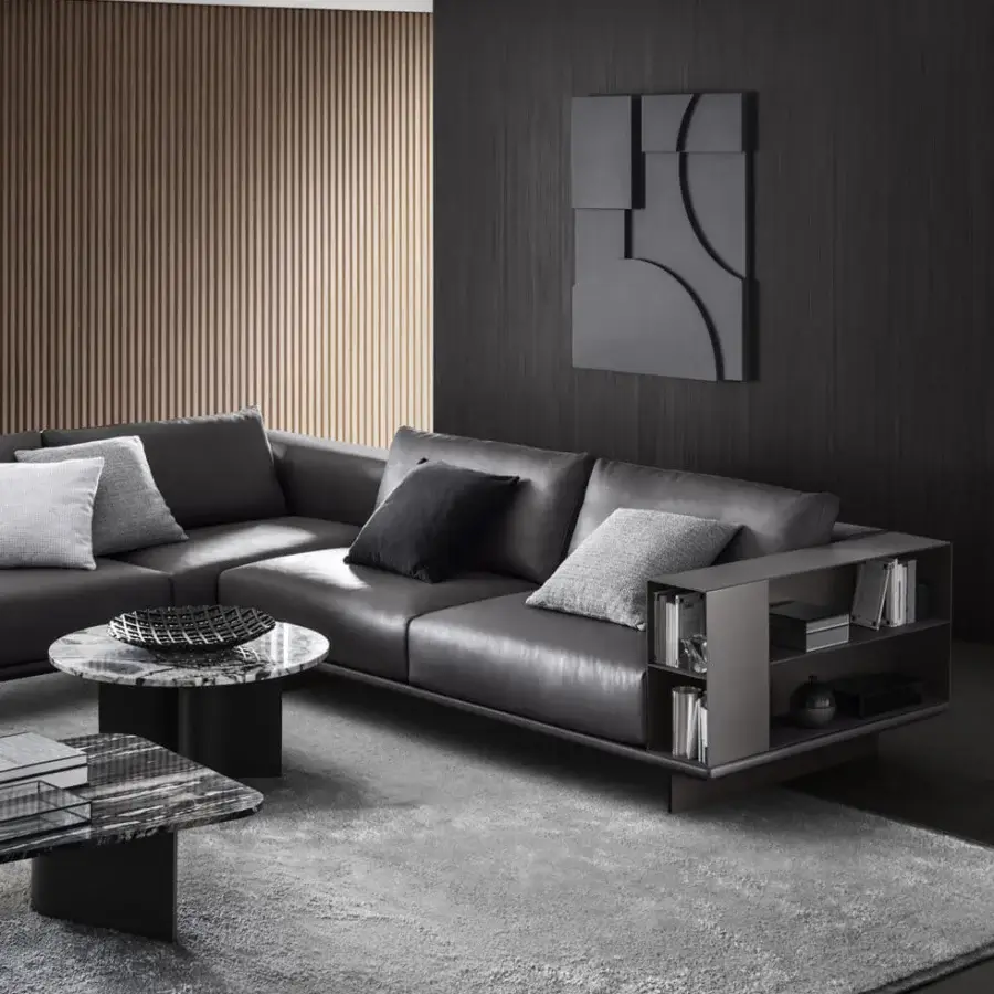 Exceptional 4 Mariani Asso sectional sofa upholstered in dark gray leather-like textile with integrated shelving and coordinating cushions