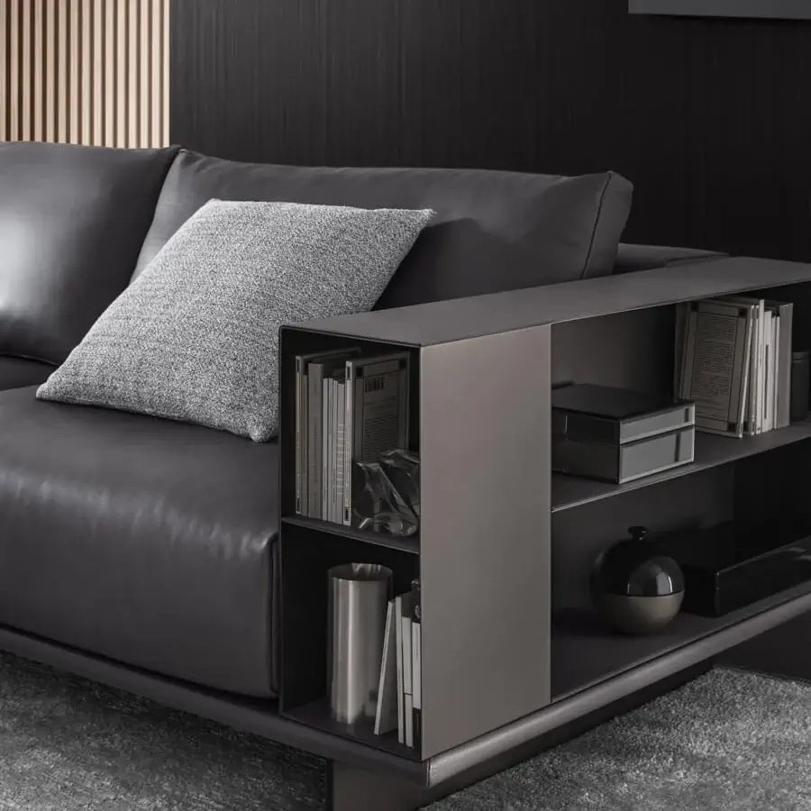 Elegant 4 Mariani Asso sectional sofa upholstered in dark gray material with matte dark gray metal shelving