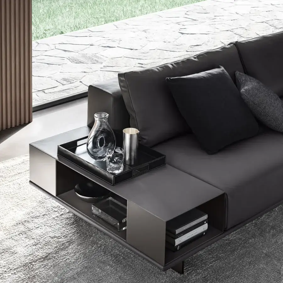 Superior 4 Mariani Asso sectional sofa upholstered in dark gray textile with a glossy integrated side table and slim dark metal base