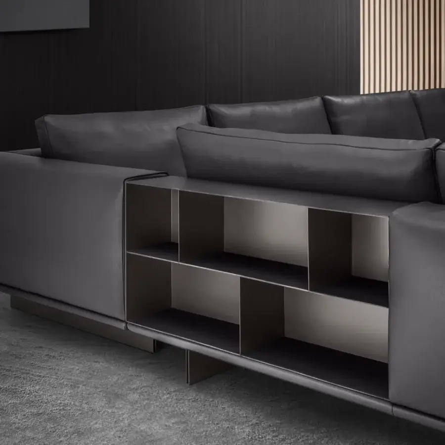 Distinguished 4 Mariani Asso sectional sofa with soft dark gray leather upholstery and matte gray metal shelving built in