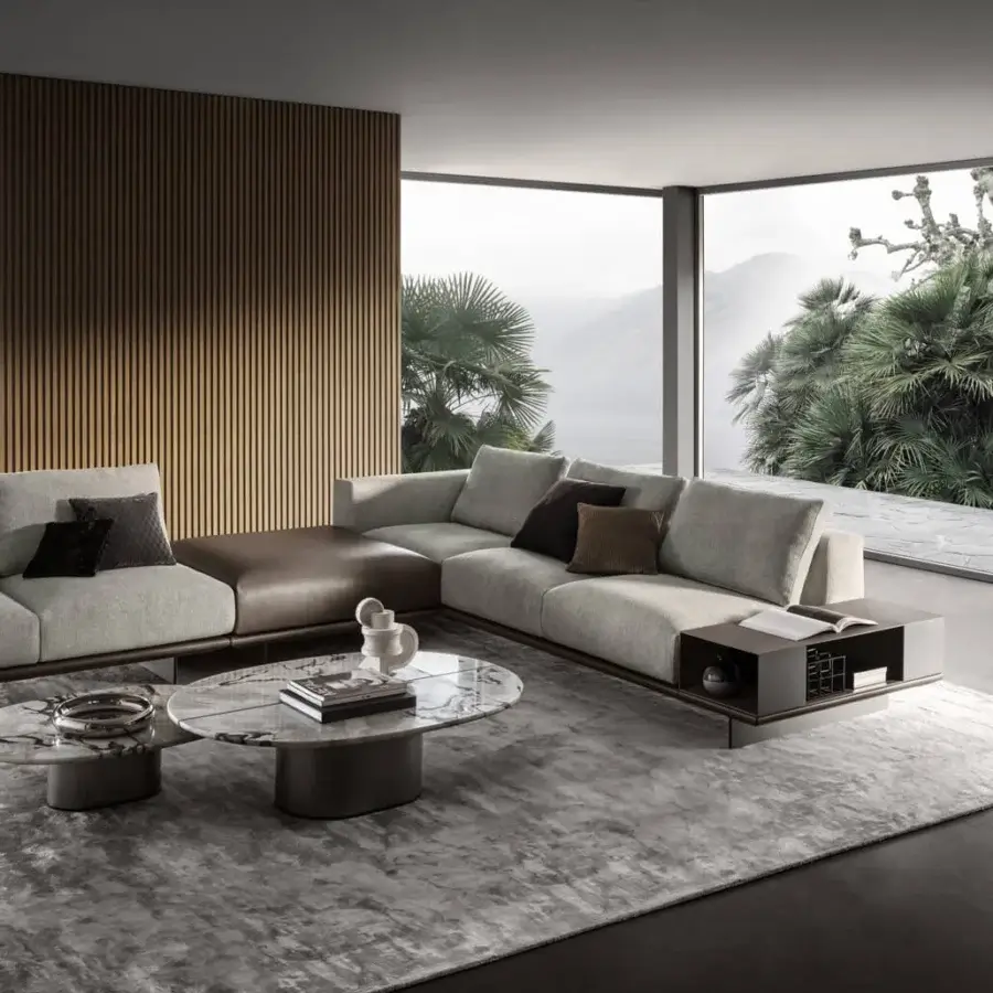 Elegant 4 Mariani Asso sectional sofa with fabric seating in light gray or beige and dark brown wood base