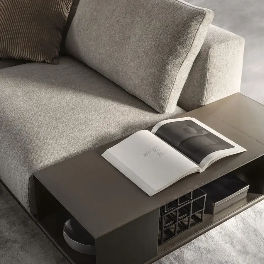 Superior 4 Mariani Asso sectional with light gray textile and saddle leather shelving, crafted for exclusive environments with dark corduroy pillows