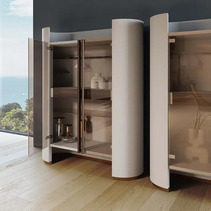 Exclusive Bizzotto Italia Ikat cupboard in light cream wood with a sophisticated matte finish and polished brass accents