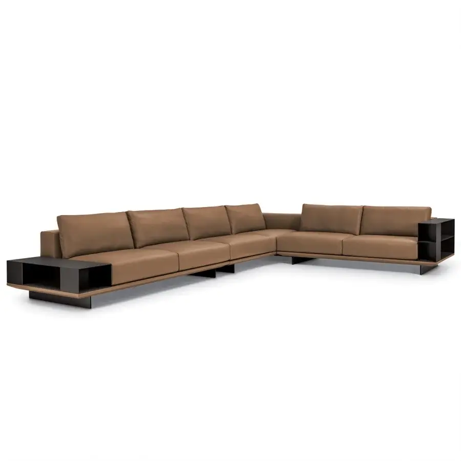 Exceptional 4 Mariani Asso sectional with smooth tan textile upholstery and integrated dark brown shelving
